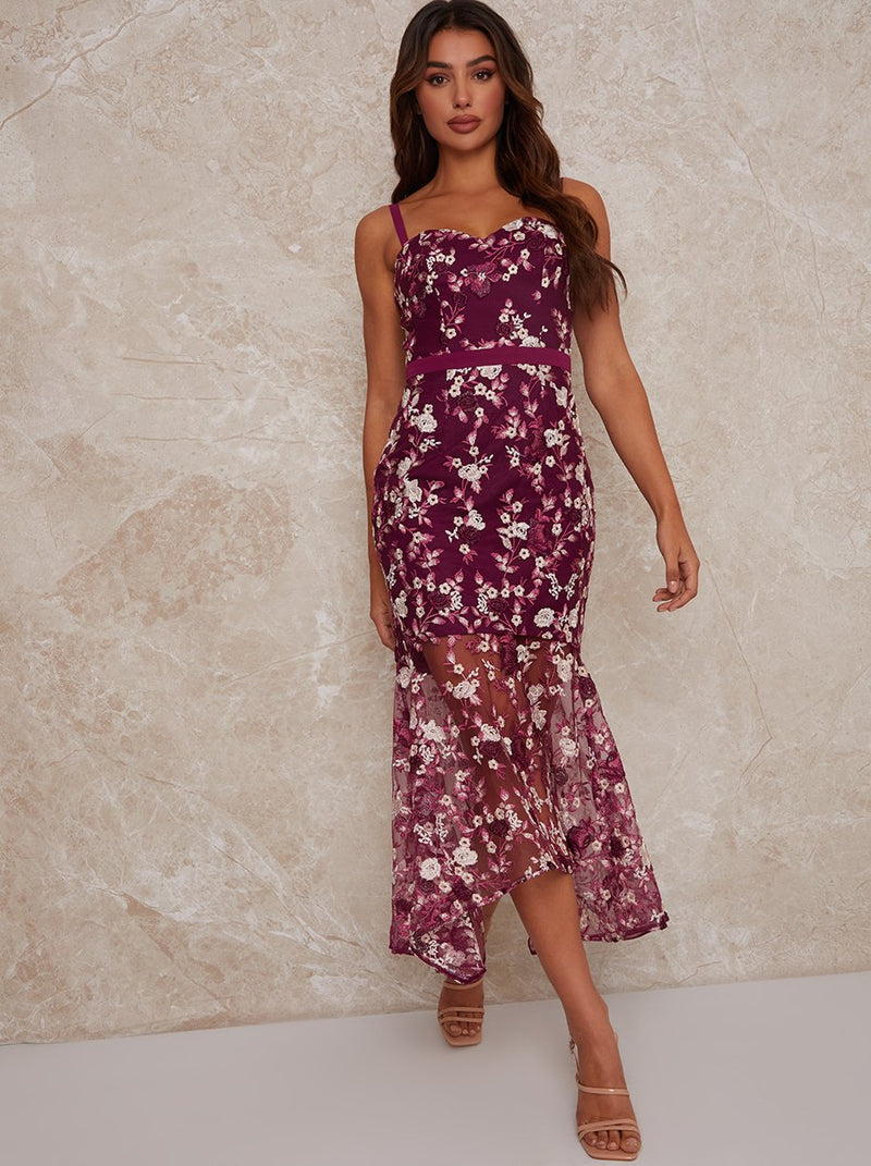 Peplum Embroidered Lace Bodycon Dress in Berry