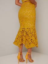 Crochet Lace Peplum Hem Midi Skirt in Yellow