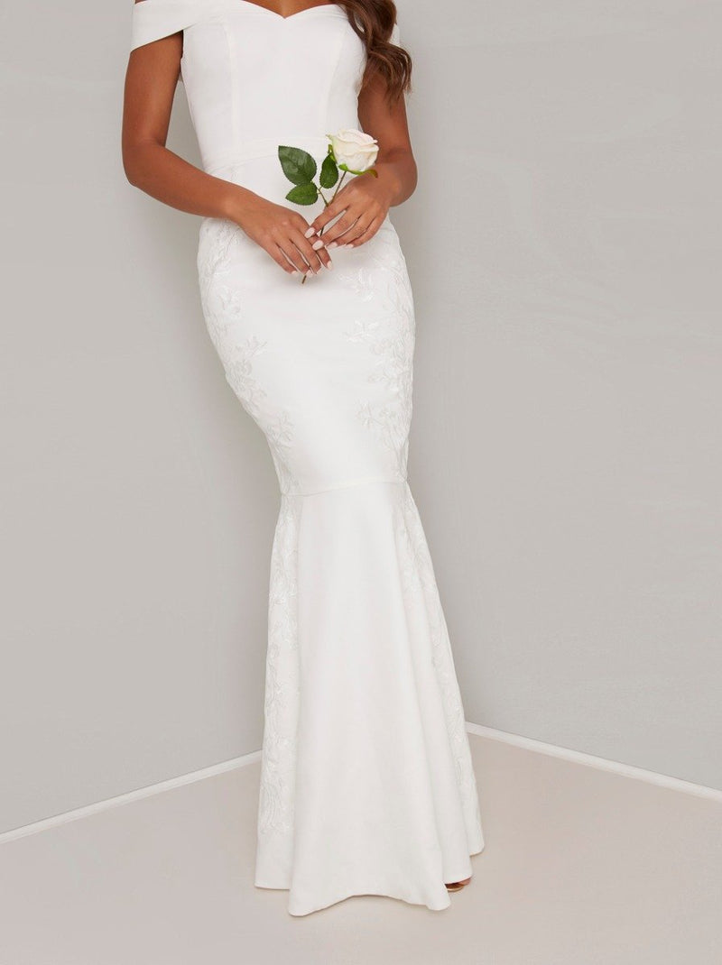 Embroidered Mermaid Wedding Dress in White