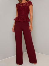Cap Sleeved Lace Peplum Wide Leg Jumpsuit in Red