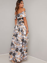 Jaquard Print Maxi Dress with Bardot Neckline