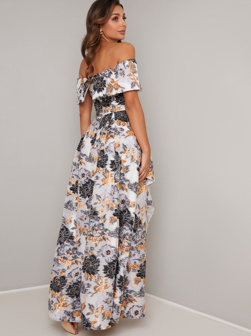 Jaquard Print Maxi Dress with Bardot Neckline