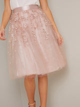 Embroidered Midi Skirt with Fitted Waistband in Pink