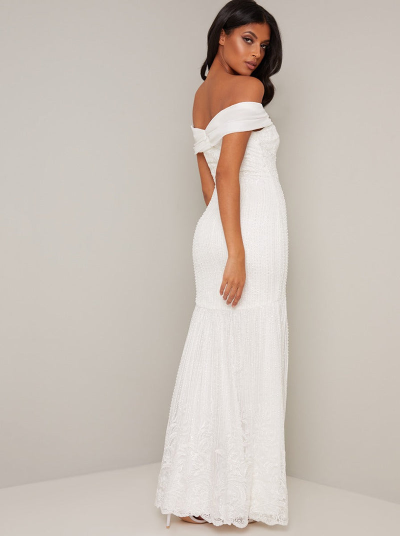 Beaded Embellished Lace Wedding Dress in White