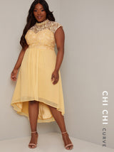 Plus Size Lace Bodice Midi Dress in Yellow