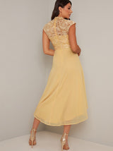 High Neck Lace Bodice Dip Hem Midi Dress in Yellow