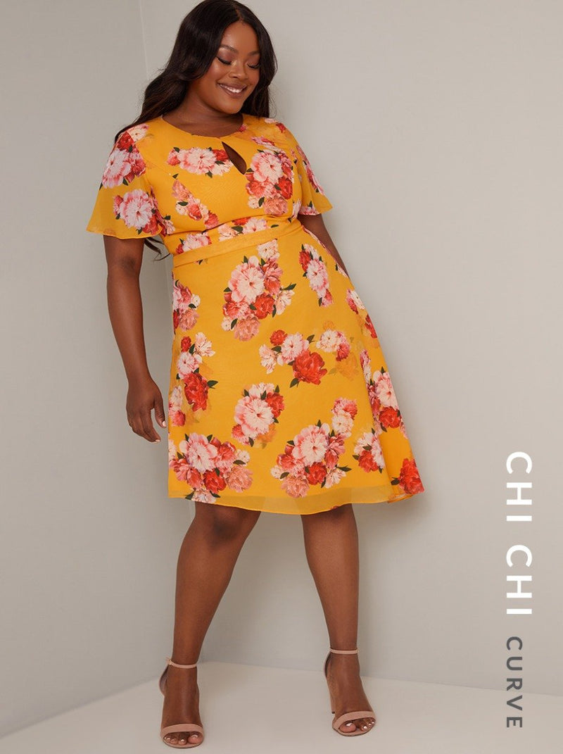 Plus Size Angel Sleeve Floral Print Midi Dress in Yellow