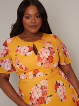 Plus Size Angel Sleeve Floral Print Midi Dress in Yellow
