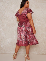 Plus Size Floral Pleat Midi Dress in Red