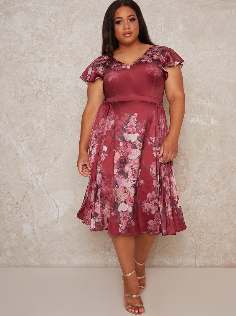 Plus Size Floral Pleat Midi Dress in Red