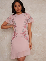 Embroidered Angel Sleeve Midi Dress in Pink