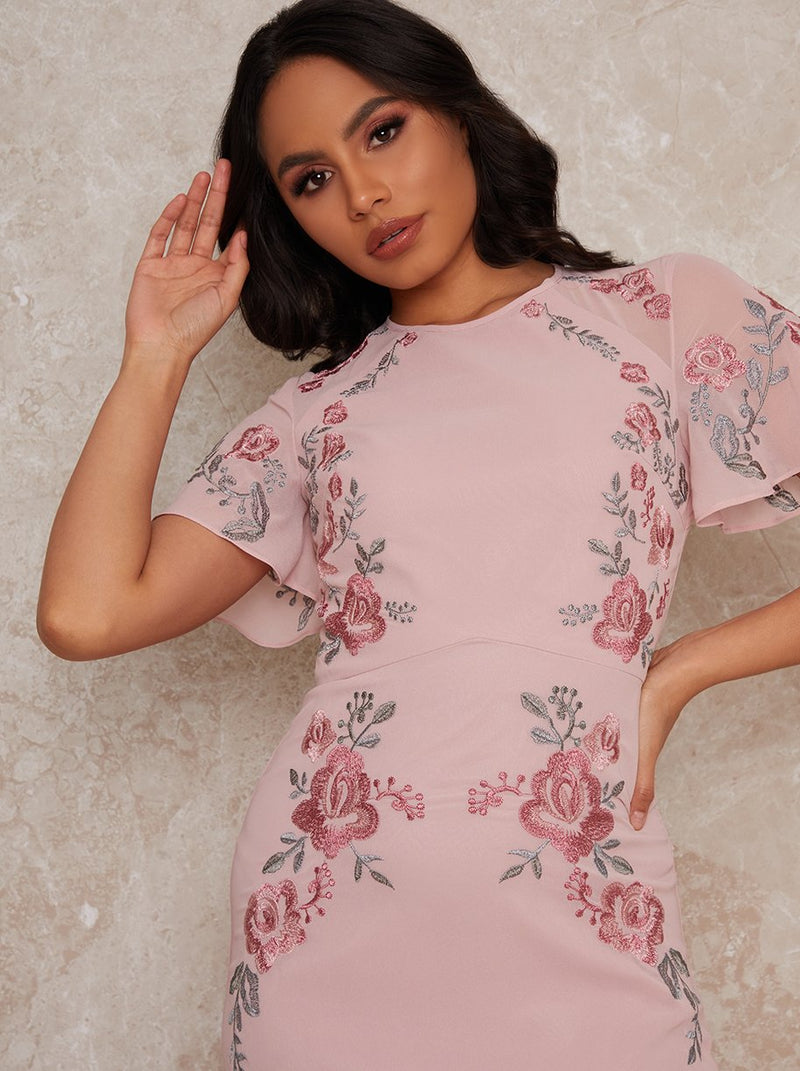 Embroidered Angel Sleeve Midi Dress in Pink