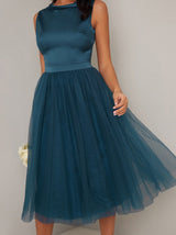 High Neck Tulle Midi Bridesmaid Dress in Green