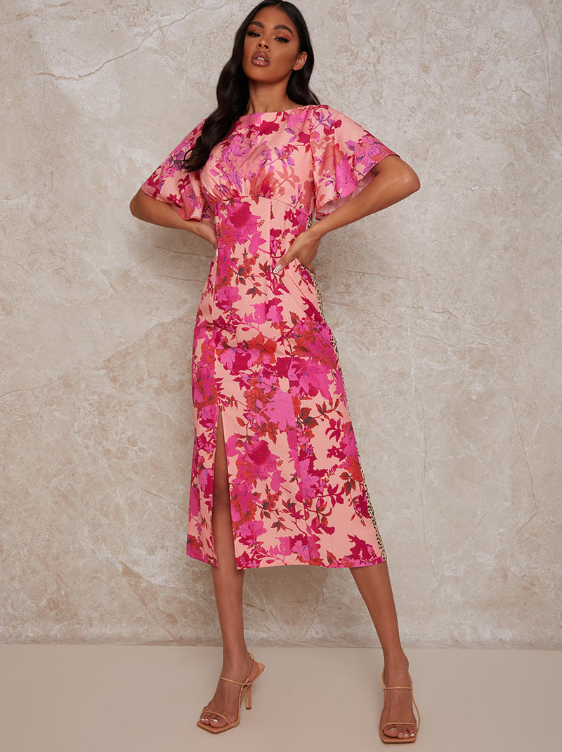 Flutter Sleeve Floral and Animal Print Midi Day Dress in Pink