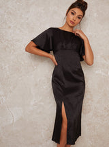 Angel Sleeve Satin Style Midi Dress in Black