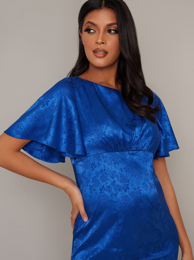 Maternity Angel Sleeve High Waist Midi Dress in Blue