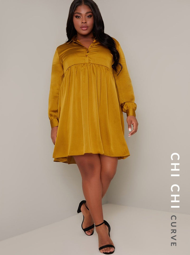 Plus Size Long Sleeved Satin Shirt Dress in Yellow