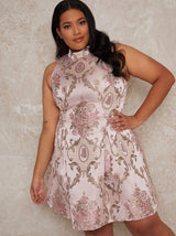 Plus Size Sleeveless Jacquard Midi Dress in Pink