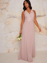 Lace Bridesmaid Bodycon Maxi Dress In Pink