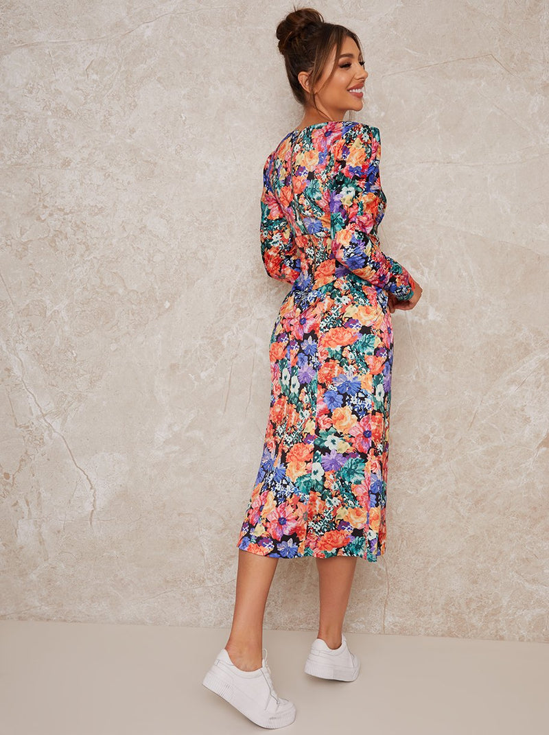 Long Sleeve Floral Print Midi Day Dress in Multi