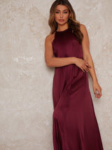 High Neck Pleat Satin Maxi Dress in Berry