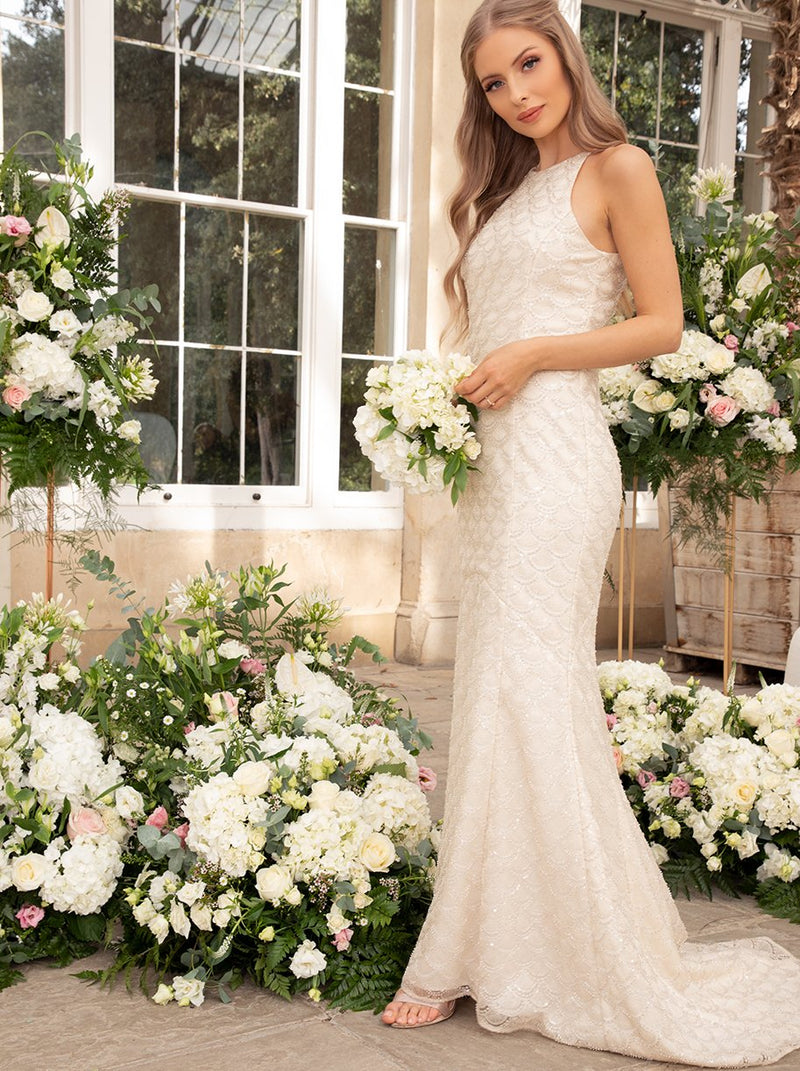 Bridal Halter Style Embellished Wedding Dress in Ivory