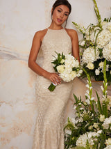 Bridal Halter Style Embellished Wedding Dress in Ivory