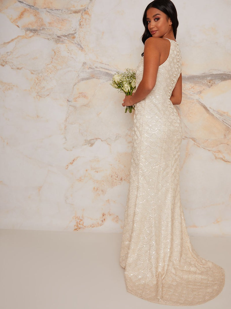 Petite Bridal Halter Embellished Wedding Dress in Ivory