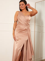 Petite One Shoulder Satin Finish Maxi Dress in Champagne