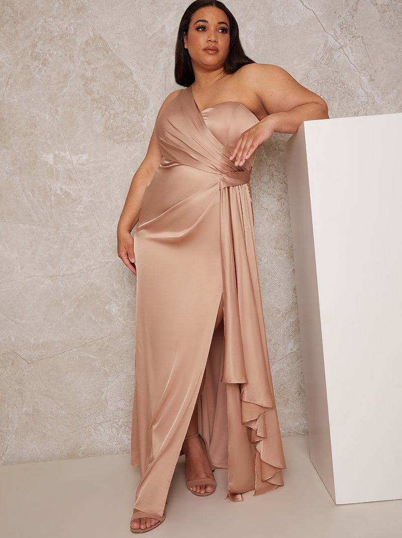 Plus Size One Shoulder Satin Finish Maxi Dress in Champagne