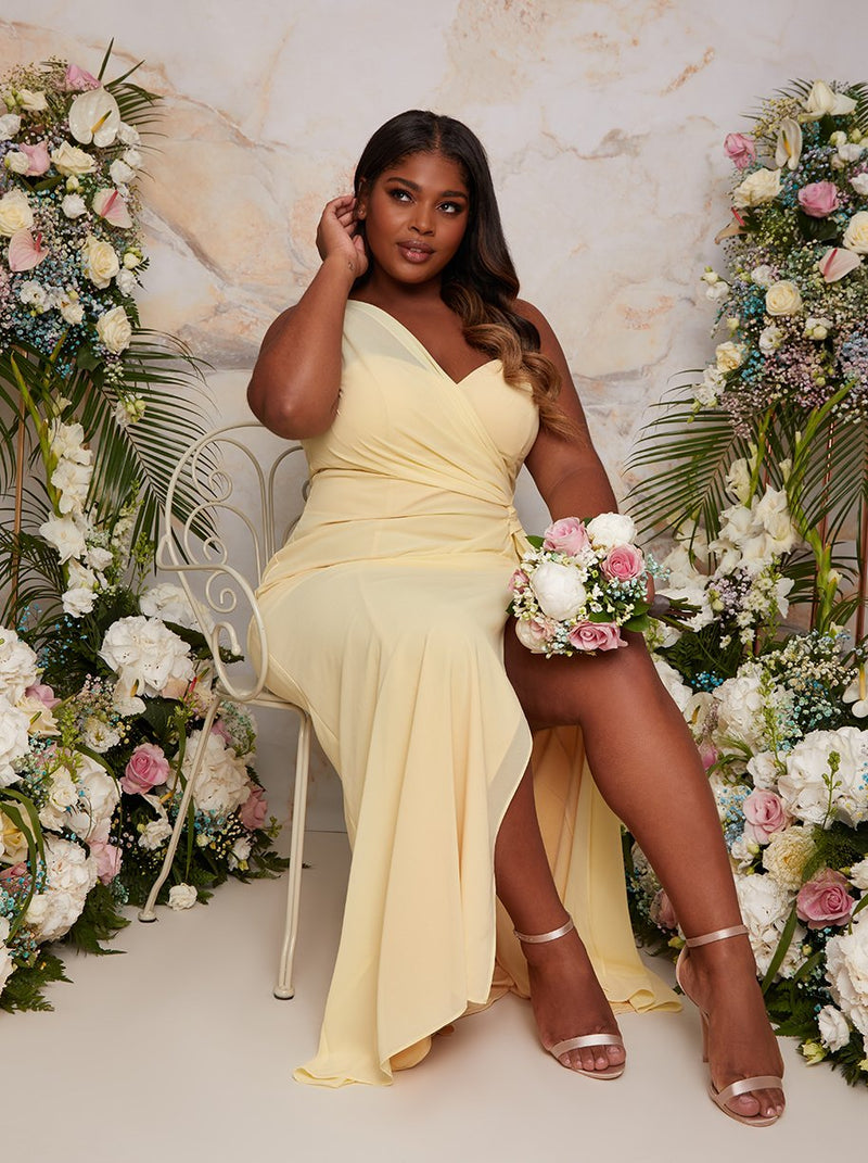 Plus Size One Shoulder Satin Finish Maxi Dress in Yellow