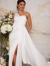 One Shoulder Satin Finish Maxi Dress in White