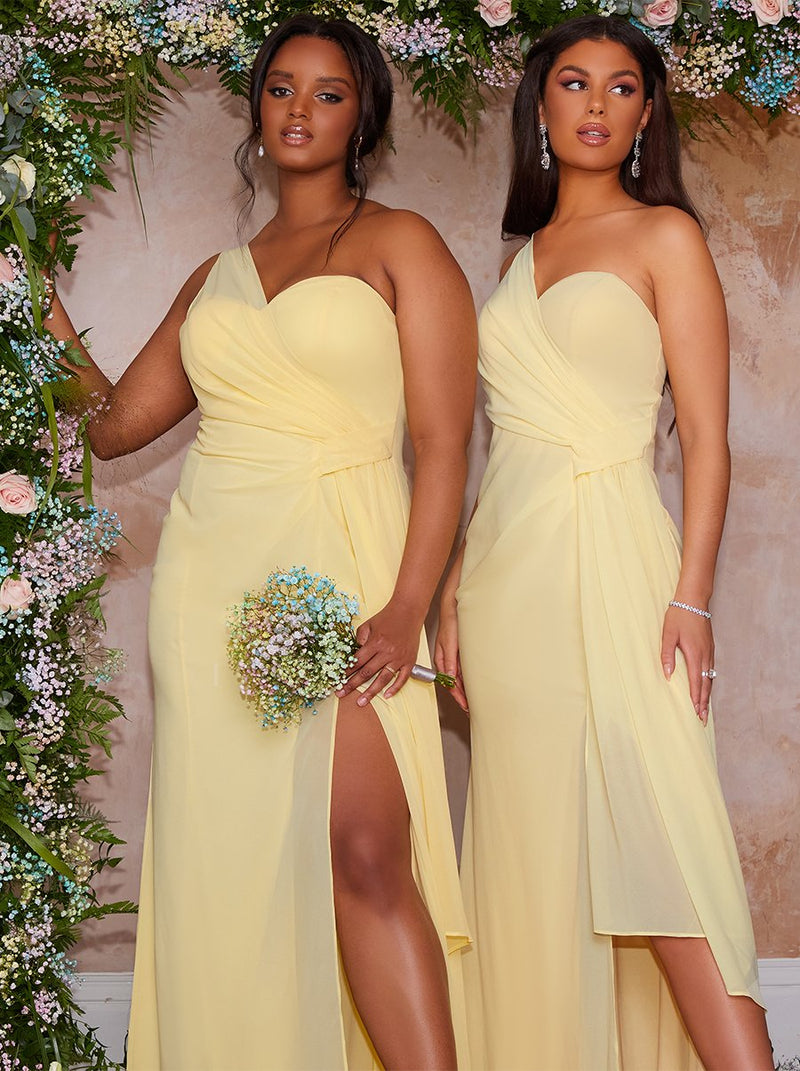 Plus Size One Shoulder Satin Finish Maxi Dress in Yellow