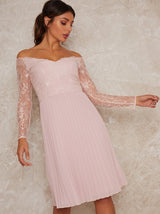 Lace Bardot Midi Bridesmaid Dress In Pink