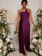 Pleated Satin One Shoulder Bridesmaid Maxi Dress in Berry