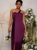 Pleated Satin One Shoulder Bridesmaid Maxi Dress in Berry