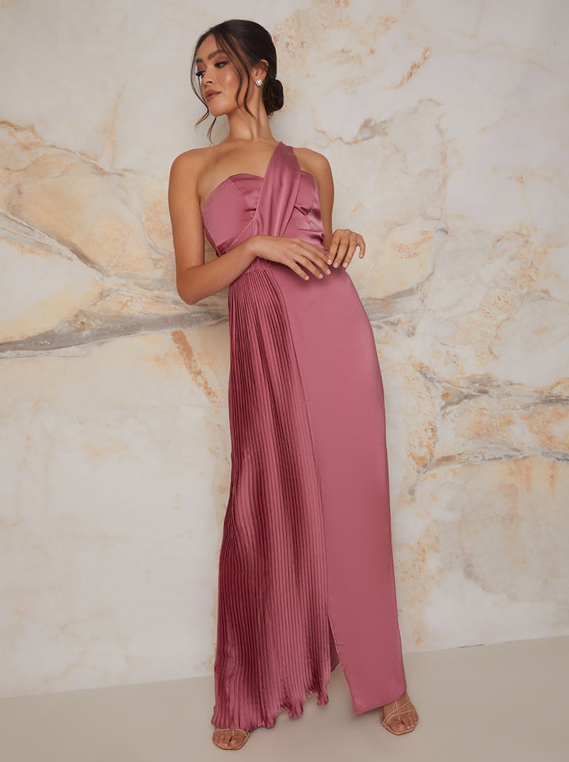 Pleated Satin One Shoulder Bridesmaid Maxi Dress in Pink