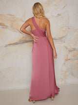 Petite Pleated Satin One Shoulder Maxi Dress in Pink