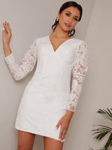 V Neck Long Sleeve Mini Dress in White