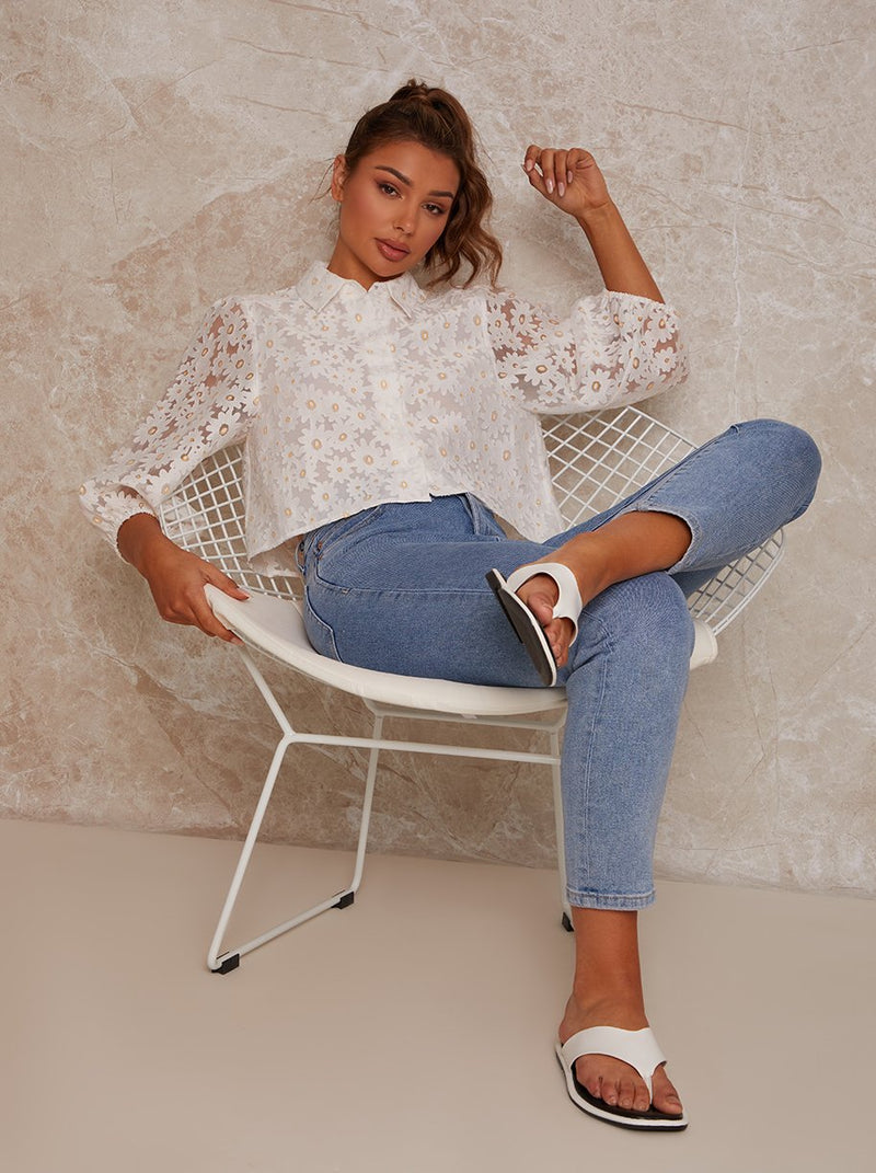 Sheer Floral Lace Balloon Sleeve Shirt in White