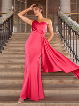 One Shoulder Satin Finish Maxi Dress in PInk
