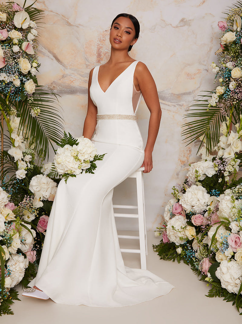 Petite Sleeveless Plunge Embellished Wedding Dress in White