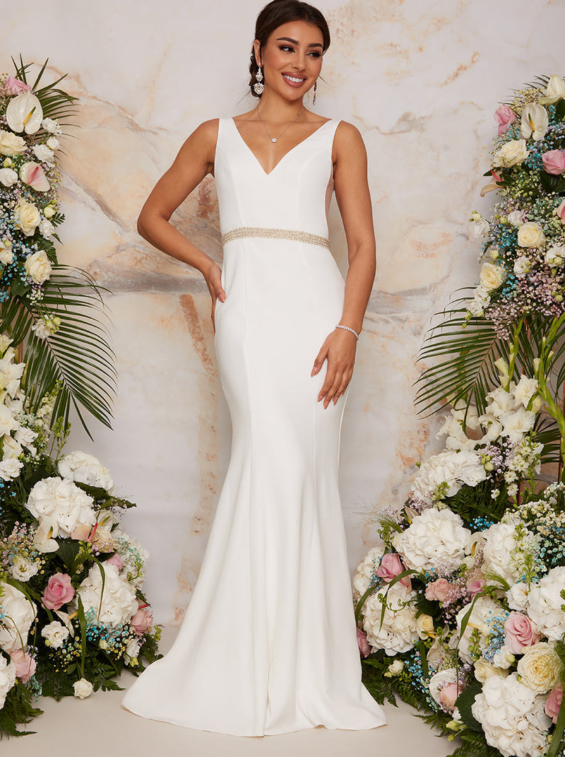 Sleeveless Plunge Wedding Dress with Embellishment in White