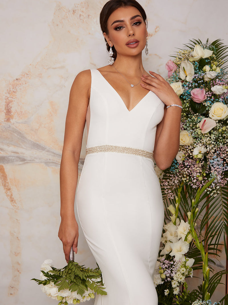 Sleeveless Plunge Wedding Dress with Embellishment in White
