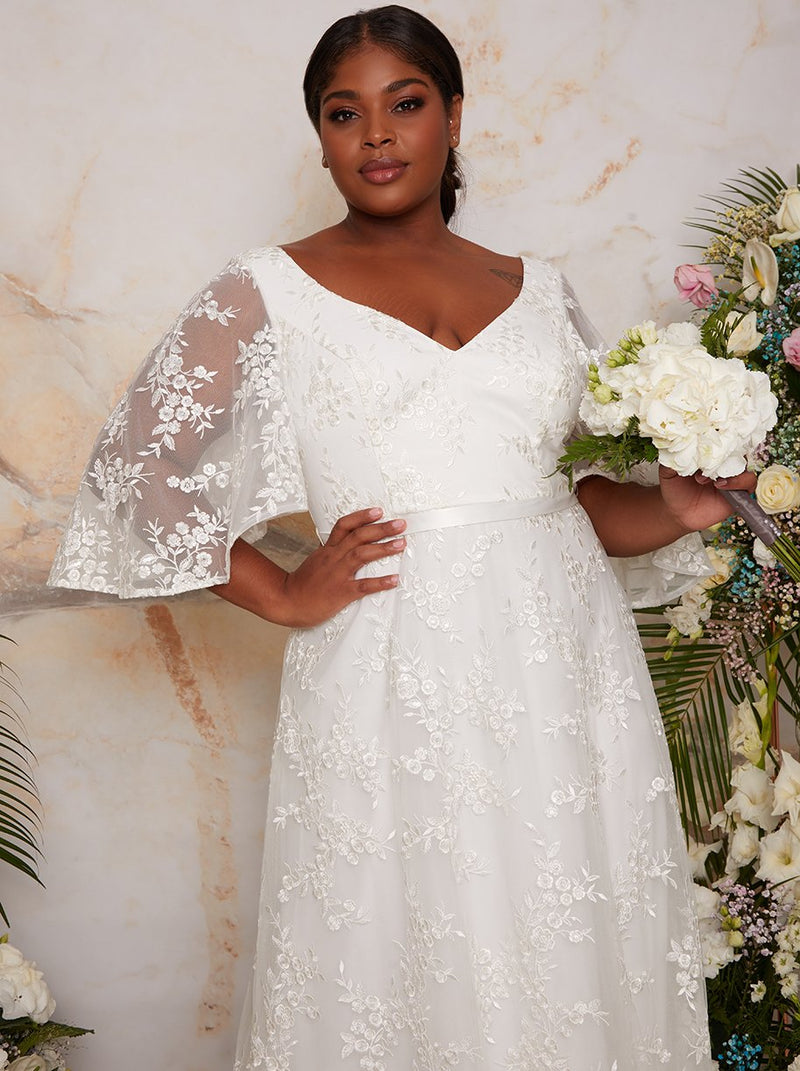 Plus Size Flutter Sleeve Backless Lace Bridal Wedding Dress in White