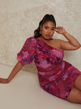 Plus Size Watercolour One Shoulder Puff Sleeve Mini Dress in Red