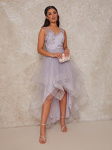 V Neck Mesh Skirt Dip Hem Midi Dress in Lilac