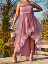 Plus Size One Shoulder Mesh Skirt Dip Hem Dress in Purple