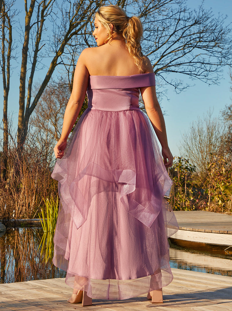 Plus Size One Shoulder Mesh Skirt Dip Hem Dress in Purple