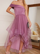 Petite One Shoulder Mesh Skirt Dip Hem Dress in Purple